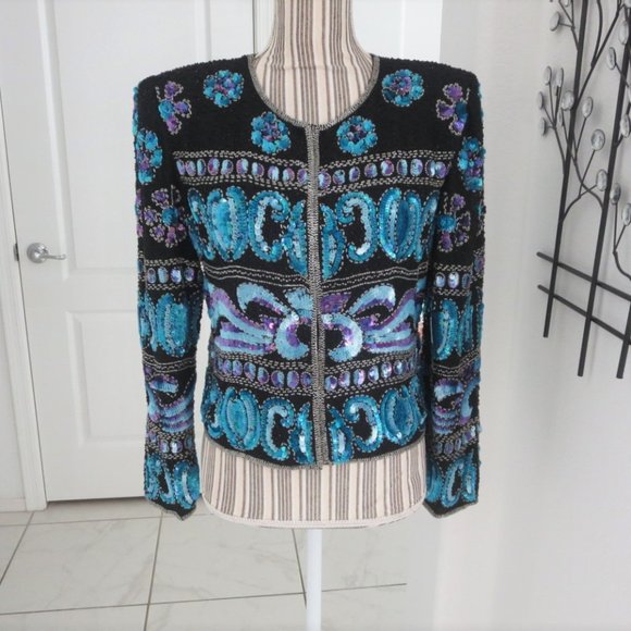 Night Vogue Jackets & Blazers - Vintage Sequin Beaded Jacket Black with Iridescent Purple Turquoise Sequins